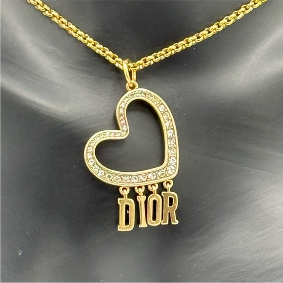 Dior Gold Heart Zipper Pull made into Necklace with Crystal Accents - Picture 1 of 6